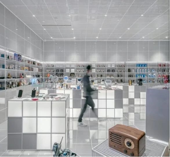 Un hombre caminando por una tienda con una radio.