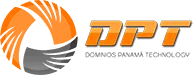 El logo de dpt con fondo naranja y negro.