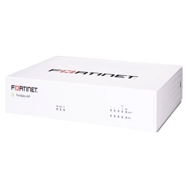 Una caja blanca con un enrutador FORTIGATE 40F dentro.